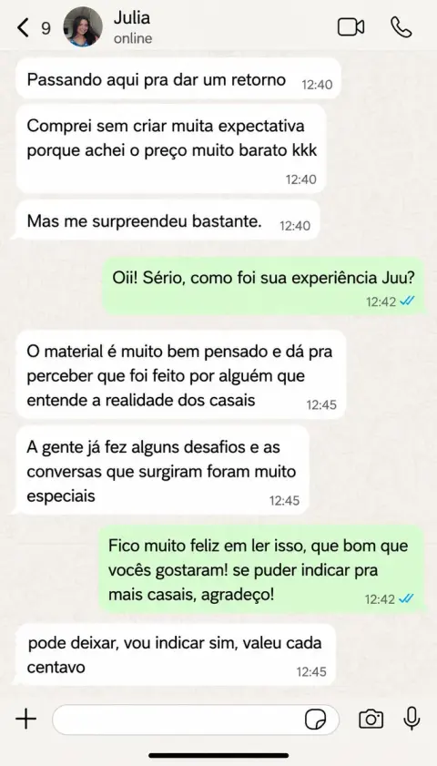 Depoimento de cliente no WhatsApp